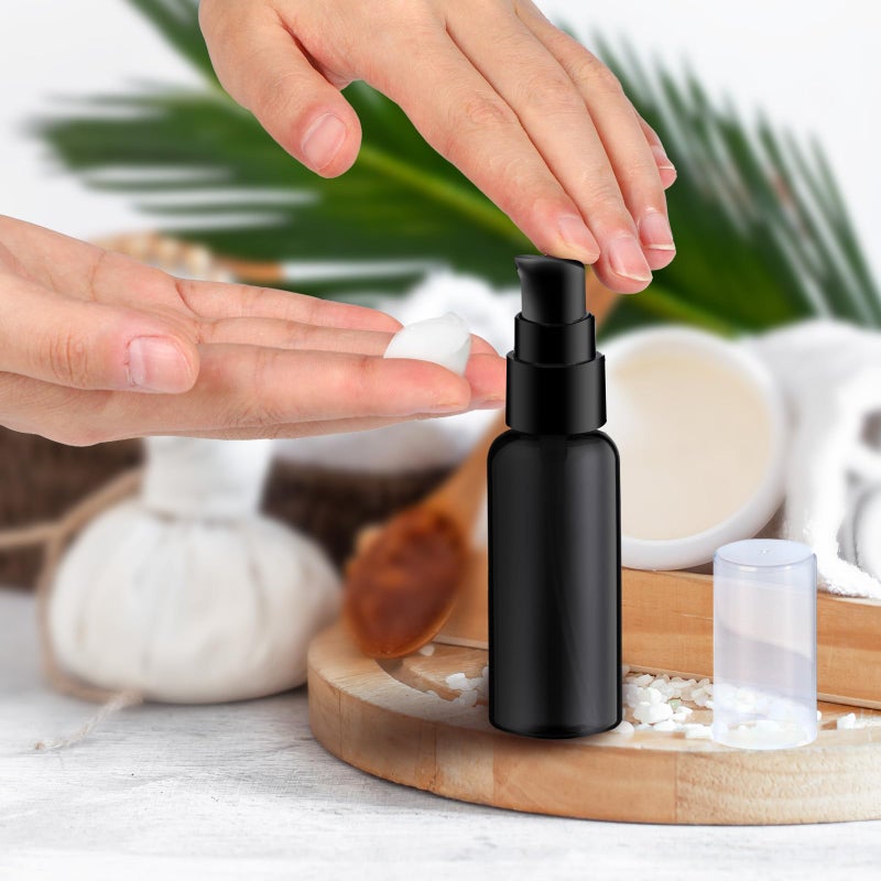 RAYNAG 5 Pack Travel Pump Bottles Empty Refillable Plastic Pump Bottle Spray Bottle Dispenser With Black Cap for Lotion Cream Essential Oil Travel Container, 50ml/1.7oz (Black) - Image 2